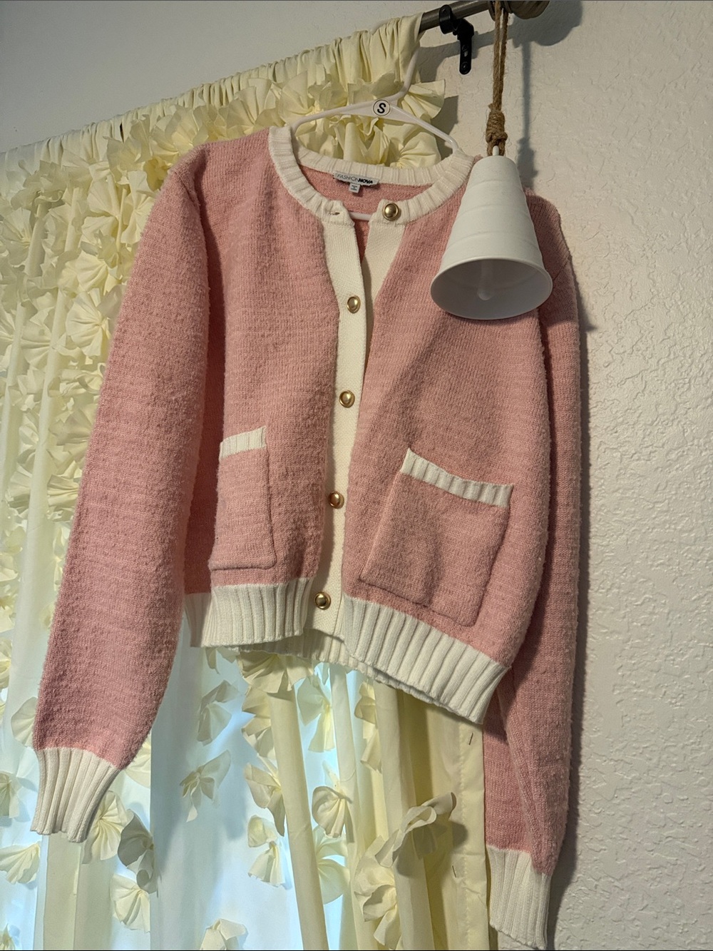 Fashion Nova Pink and Cream Button-Up Knit Cardigan